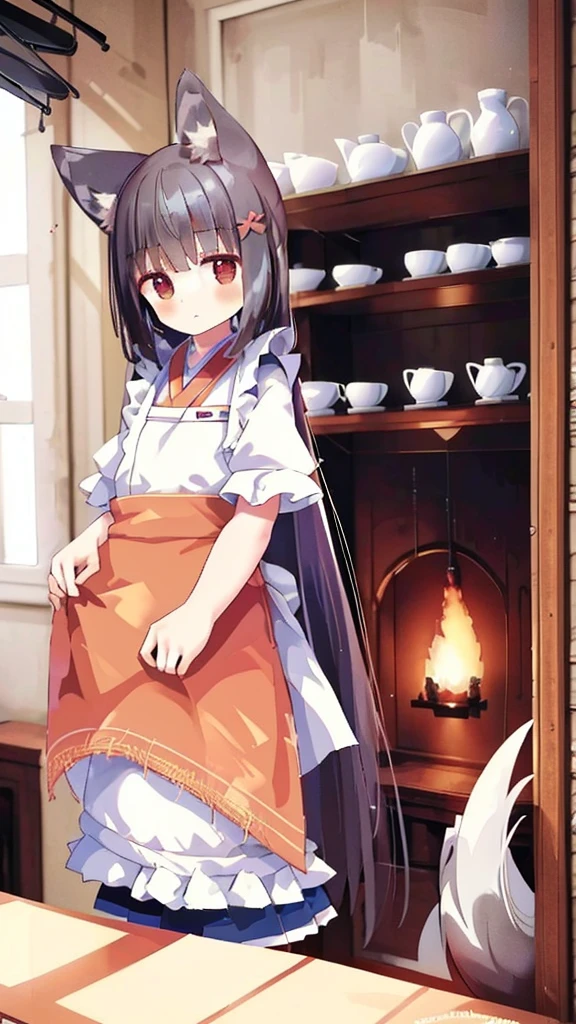 best quality,masterpiece,Ultra-high resolution,(photoactual:4：0）,An oriental nine-tailed spirit fox woman.long hair shawl,Wear cool clothes,apron,Cooking in the kitchen