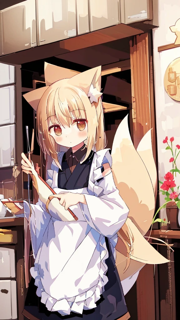 best quality,masterpiece,Ultra-high resolution,(photoactual:4：0）,An oriental nine-tailed spirit fox woman.long hair shawl,Wear cool clothes,apron,Cooking in the kitchen