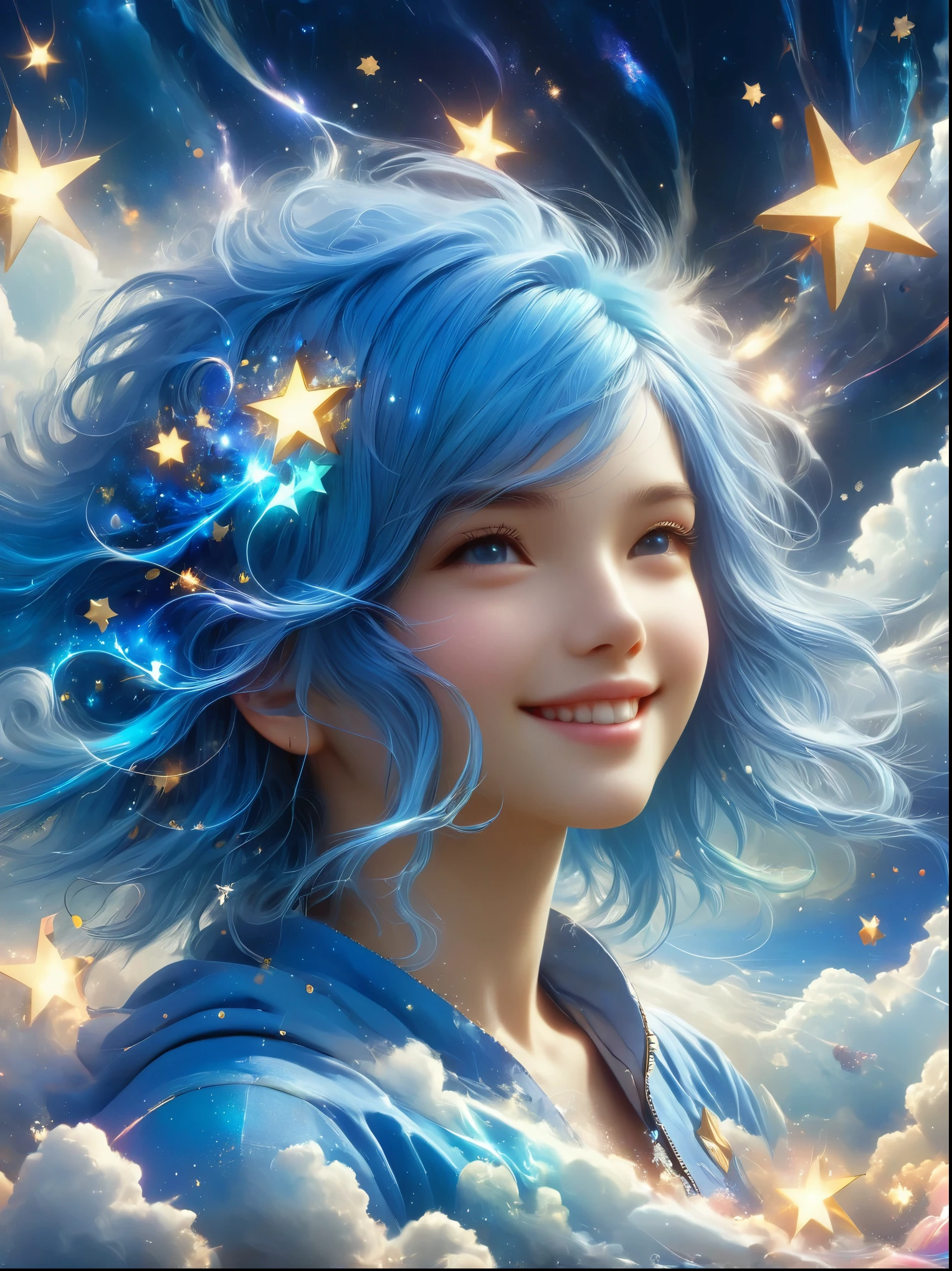 masterpiece, best quality, Aesthetic, fantasy, illusion, 1 Girl, cute女孩的照片, detailed face, Relaxed smile, charming, 不symmetry头发, Swaying hair, Electric blue hair, glow, cloud, color斑斓的天空, Star, shattered, Space style, Vortex Magic Style, Silva Magic Style, legendary, outstanding, Beautifully, elegant, luxury, Creative, beautiful classic contemporary detailed cinematic composition, Expressive and dynamic dramatic atmosphere, Spectacular lighting, symmetry, detailed, 丰富的color, Environmental background, Inspiring, cute、magnificent、Clarity、Wonderful、Surreal、Perfect、complex、color, Astonishing, epic, huge, imposing, amazing, strange, fascinating, huge