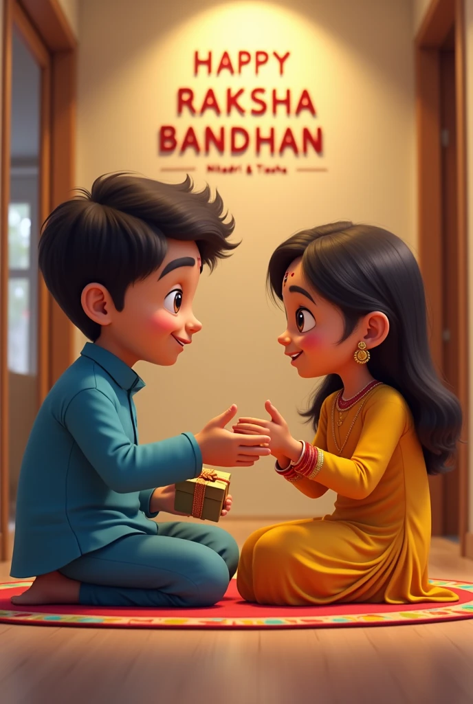 A realistic 20 year old  Cute boy and girl are sitting face to face on a colorful mat in the home lobby, the boy has extended one of his hand forward And Girl tying Rakhi on brother's hand. boy is wearing a Blue colored kurta And the girl is wearing a yellow Lahenga, boy has a gift box in his other hand, is smiling, girl has applied tilak on his forehead, and on the wall in bold letters "HAPPY RAKSHA BANDHAN" "Niladri &Tiasha" It is written, 4k image
