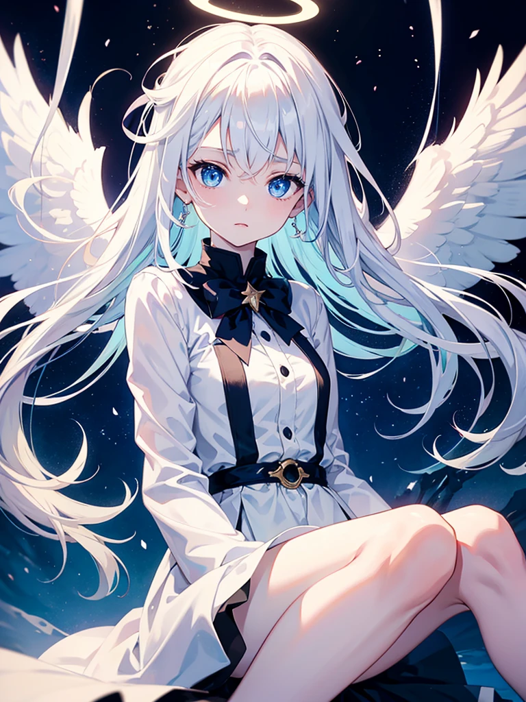 Anime, angel girl, 18 years old, pale skin, blue eyes, white hair, Halo over the head, modest white clothes