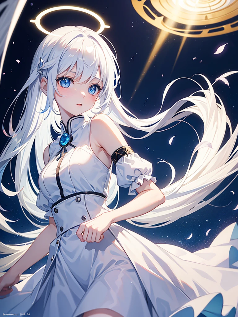 Anime, angel girl, 18 years old, pale skin, blue eyes, white hair, Halo over the head, modest white clothes