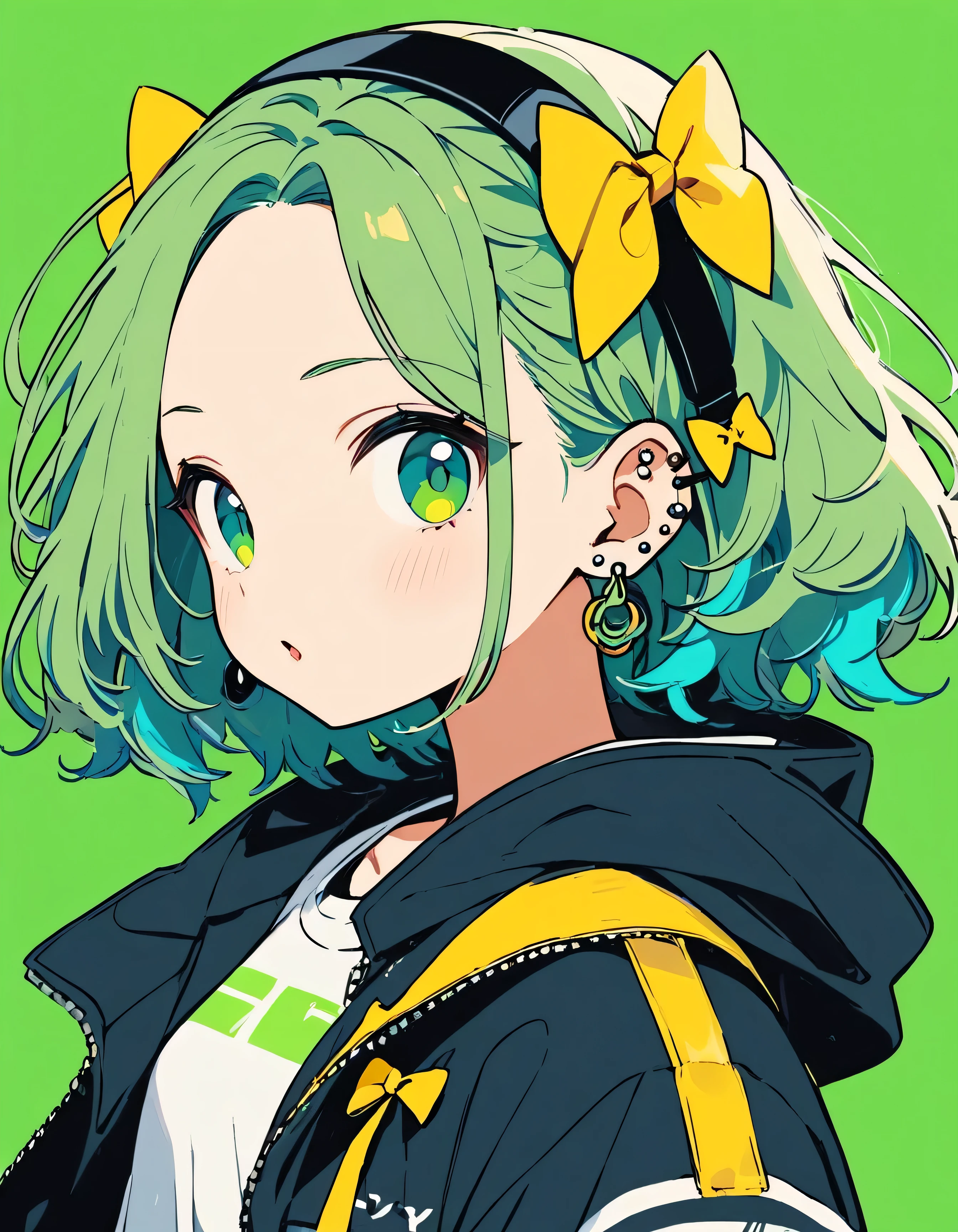 (masterpieces), (best quality), (ultra_detailed), more_details:1.5, perfect, AddNet Weight 1:1.0, Boldline,Weight 1:1.0, masterpiece, best quality, highres, alone, 1girl, solo,


1girl, solo, looking at viewer, simple background, bow, jewelry, closed mouth, green eyes, jacket, upper body, hair bow, hairband, earrings, green hair, hood, from side, looking to the side, aqua hair, hoodie, headphones, piercing, hood down, ear piercing, hooded jacket, forehead, yellow bow, green background, headphones around neck