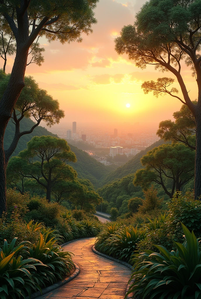 (masterpiece),(best quality:1.5),(highres), wallpaper 8k, Very fine image details,Soft light, trees, plants, The sun is setting, sunset, garden, Road, city, From above,