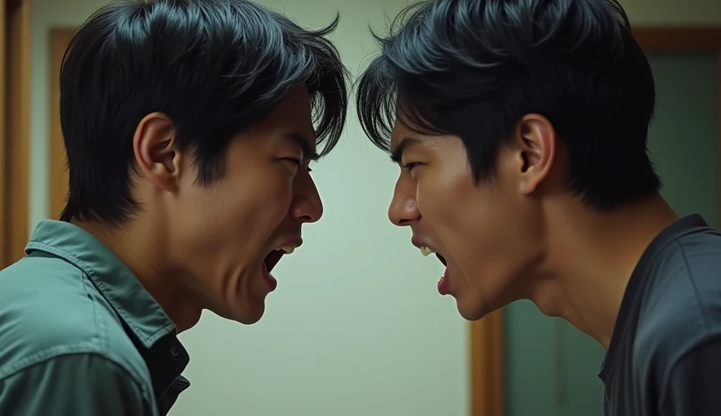 Two young Japanese men facing each other and looking angry,Excited, Photo of your face, Intense anger, With the room in the background, with a natural look, With a slightly tired look, tilt your face a little, Diagonal orientation, Average face