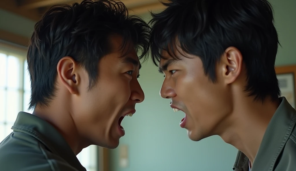 Two young Japanese men facing each other and looking angry,Excited, Photo of your face, Intense anger, With the room in the background, with a natural look, With a slightly tired look, tilt your face a little, Diagonal orientation, Average face