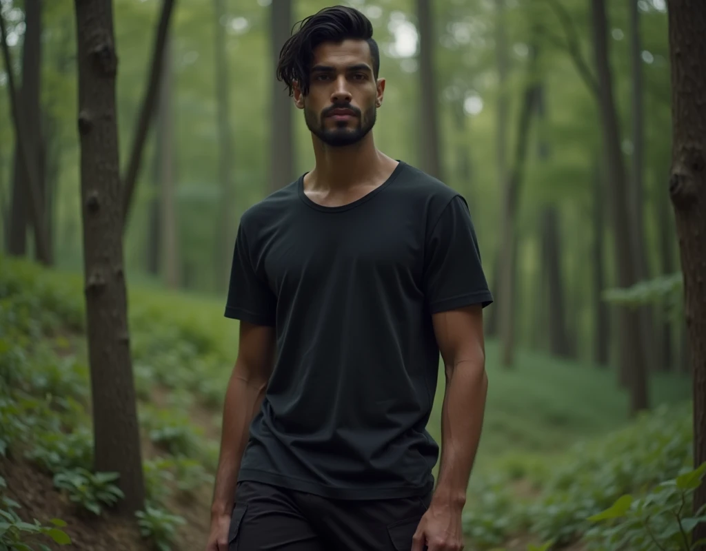 209 cm tall, 29-year-old, attractive man with black short layered swept back wavy hair, short black facial hair, Mediterranean-Native American features, clean skin, black t-shirt, black cargo pants, hip shot, standing in wild woods, pensive expression, photorealistic, cinematic