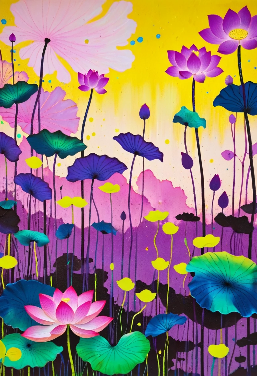 A painting：(((Colorful black，Chalk painting，Oil stick painting，Volume，Thick coating，Uneven texture，Plaster texture，Graffiti)))。Colorful black，(((Lotus pod))), Bright colors, Purple和, cute的, Bright colors，cute, Lavender Color and Color Schemes, 和Purple的配色方案,  Beautiful Art,  Purple, Whimsical Art, 和Purple色调, Lime and Violet, Close together,, spring, Inspired by Tomokazu Matsuyama, Delightful