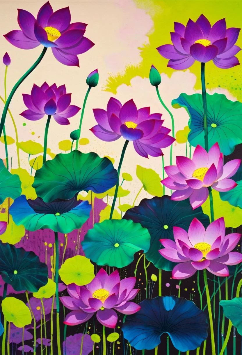 A painting：(((Colorful black，Chalk painting，Oil stick painting，Volume，Thick coating，Uneven texture，Plaster texture，Graffiti)))。Colorful black，(((Lotus pod))), Bright colors, Purple和, cute的, Bright colors，cute, Lavender Color and Color Schemes, 和Purple的配色方案,  Beautiful Art,  Purple, Whimsical Art, 和Purple色调, Lime and Violet, Close together,, spring, Inspired by Tomokazu Matsuyama, Delightful