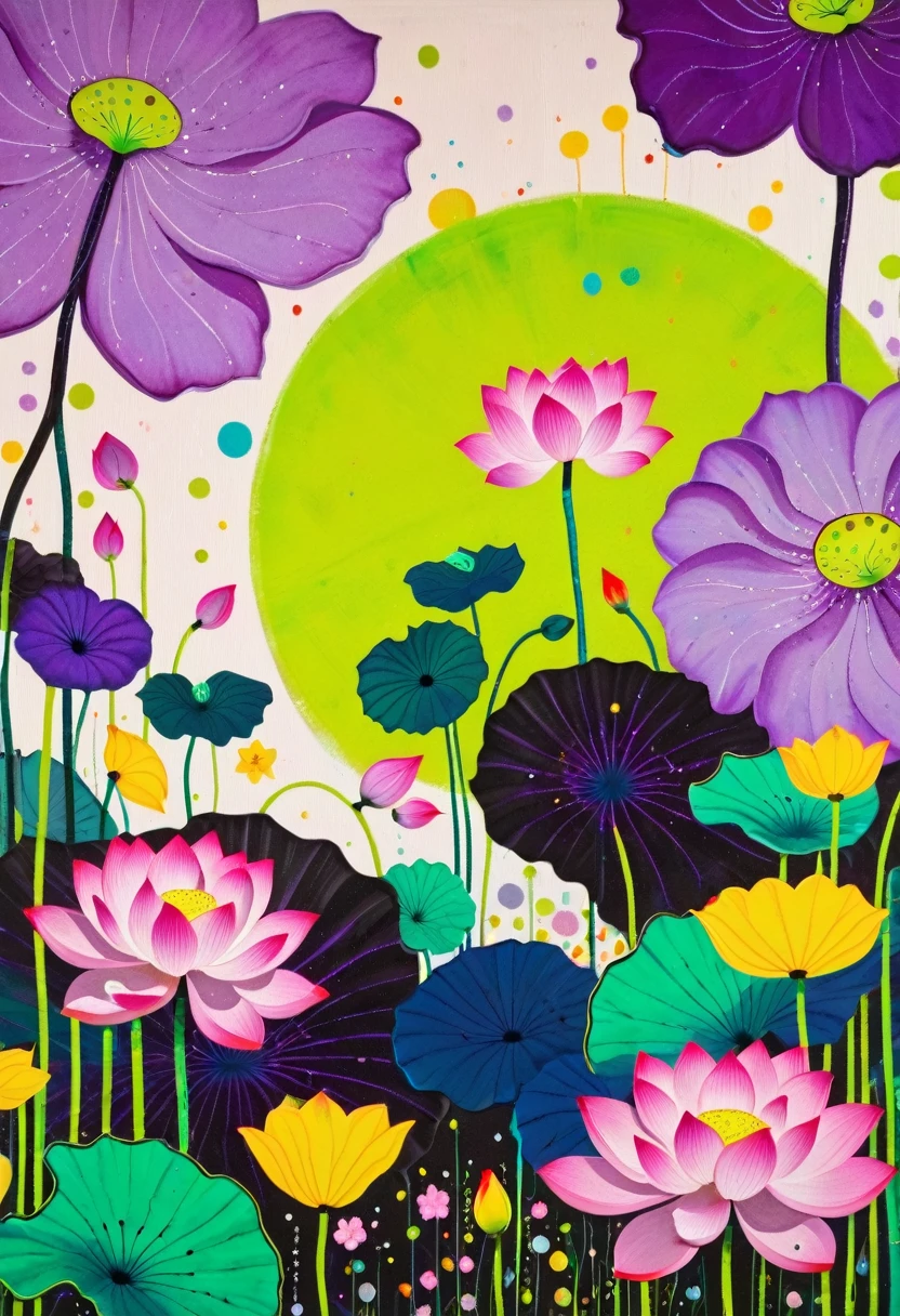 A painting：(((Colorful black，Chalk painting，Oil stick painting，Volume，Thick coating，Uneven texture，Plaster texture，Graffiti)))。Colorful black，(((Lotus pod))), Bright colors, Purple和, cute的, Bright colors，cute, Lavender Color and Color Schemes, 和Purple的配色方案,  Beautiful Art,  Purple, Whimsical Art, 和Purple色调, Lime and Violet, Close together,, spring, Inspired by Tomokazu Matsuyama, Delightful