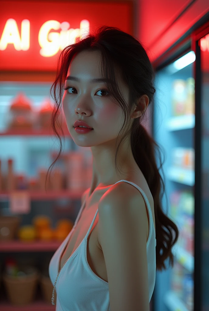 a beautiful young thai korean woman, 20 years old, full body shot, porcelain white skin, standing in a supermarket, neon light graphic "AI Girl" on the wall in the background, cinematic lighting, photorealistic, intricate details, elegant facial features, long eyelashes, defined jawline, beautiful lips, high resolution, 8k, hyperrealistic, masterpiece, (best quality,4k,8k,highres,masterpiece:1.2),ultra-detailed,(realistic,photorealistic,photo-realistic:1.37),HDR,UHD,studio lighting,ultra-fine painting,sharp focus,physically-based rendering,extreme detail description,professional,vivid colors,bokeh,concept art
