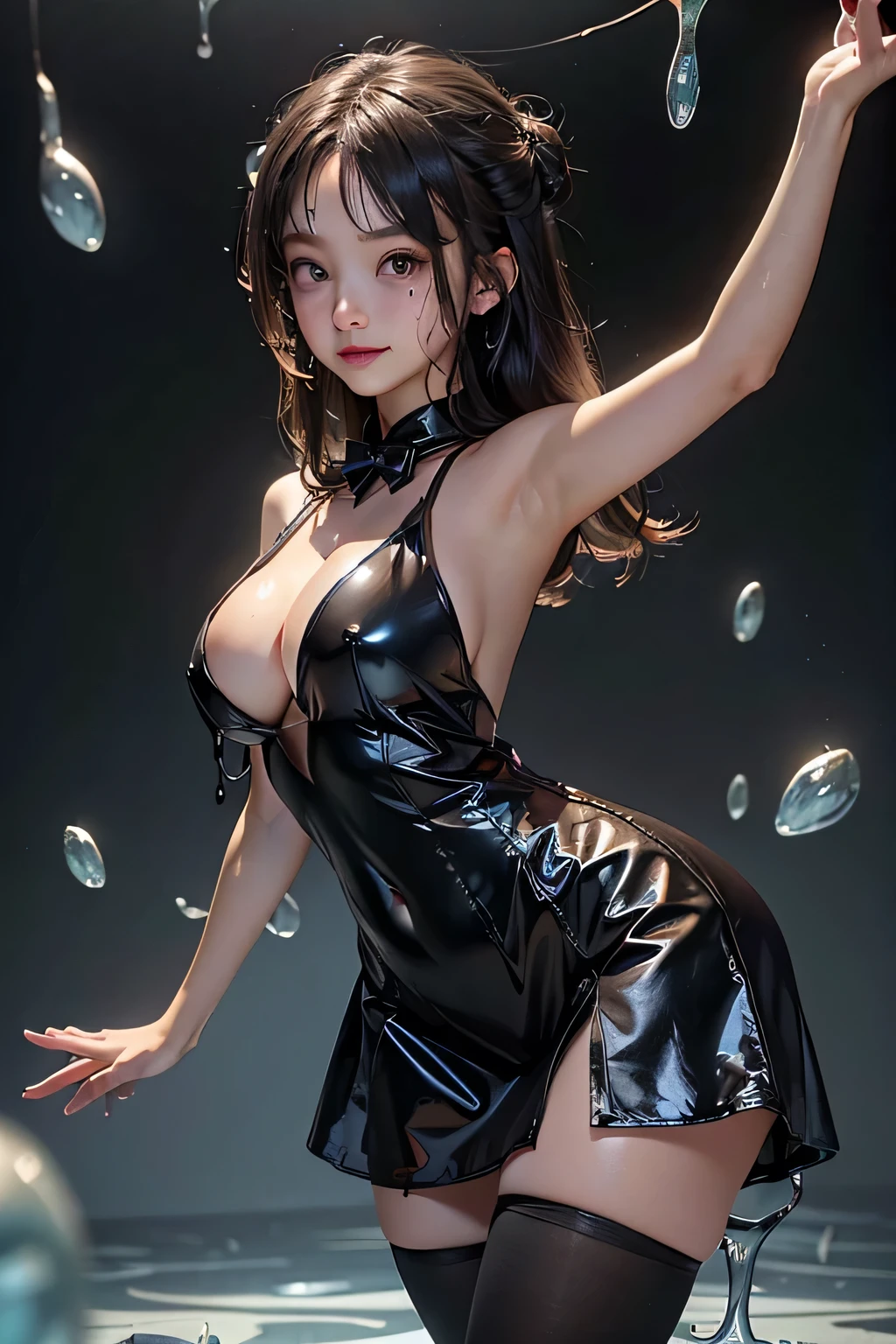 magic circle, (Back view)、Super detailed、(Raw photo)、masterpiece、8k、(Highest quality)、(High resolution:1.3)、Ultra-Details、Angle from below、(Perfect Anatomy:1.3)、1 skin-colored slime、(Skin-colored slime girl in school uniform)、Turn around to look at the viewer、(Beautiful Eyes)、A confident smile、(Super hourglass body type:1.5)、(Super big breasts pointing upwards:1.7)、(Erect nipples)、(Narrow waist)、(Wide super big ass:1.2)、Black Hair、bangs、(White school shirt)、(Super mini pleated skirt)、Uniform bow tie、Increased transparency、(Super see-through:1.2)、Japanese school classroom、(Sexy and acrobatic poses and gestures)、Correct fingers、Open your legs and stick your buttocks out、(She is a slime girl who can freely change her body shape.:1.5)、(Her legs from the thighs down were turned back into flesh-colored slime and spread across the floor.:1.5)、(Detailed depiction of the transformation from a human form to flesh-colored slime spreading across the floor:1.3)、(The background is semi-transparent except for her face.)、magical realism、Magic circle in the background、(One of his hands turns into skin-colored slime midway through the process.)、(Slime is skin colored!:1.5)