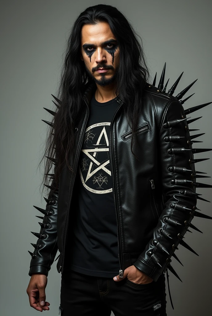 A picture of a long-haired man from Javanese Indonesia with a muscular body,her face is wearing makeup like a Black metal band,he was wearing a black leather jacket full of sharp iron bars,wearing a black t-shirt with a pentagram logo,black jeans black shoes