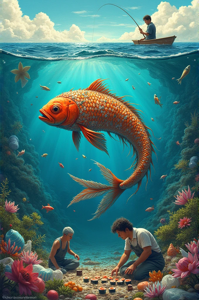 Create a collage in which the first image is an ocean full of fish contaminated by bottles and lots of plastic like bags. The next image has to be a single fish made of plastic being caught by someone.. The third image has to be this fish being cooked and ground up in a kitchen with lots of plastic and the last image a person eating plastic sushi