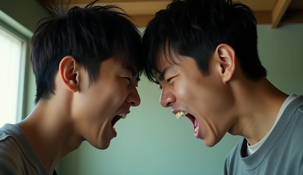 Two young Japanese men facing each other and looking angry,Excited, Photo of your face, Intense anger, With the room in the background, with a natural look, With a slightly tired look, tilt your face a little, Diagonal orientation, Average face
