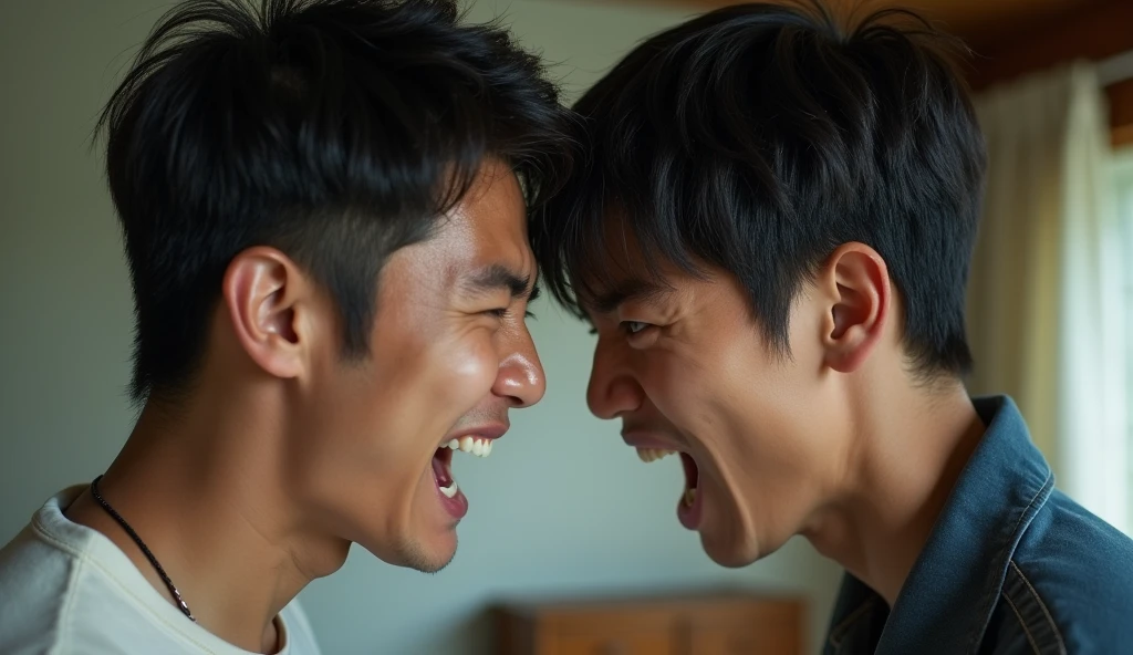 Two young Japanese men facing each other and looking angry,Excited, Photo of your face, Intense anger, With the room in the background, with a natural look, With a slightly tired look, tilt your face a little, Diagonal orientation, Average face