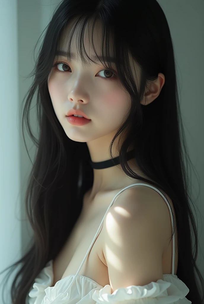 1 girl, 18 years old, black long smooth hair, choker, innocent beautiful face, white, skinny, gentle, bare shoulders, high resolution, work of art, best qualityer, high and intricate details, highy detailed, sharp focus, skin detailed, realistic skin texture, texture, detailedeyes, proffesional, 4K, filmed in canon, 85 mm, Shallow depth of field, kodak vision color, perfect shape body , extremely detaild, fot_\(ultra\), fotorrealisitic, realisitic, Post-processing, maximum details, roughness, real-life, ultra realistic, fotorrealism, fot, 8k hd, fot, busty
