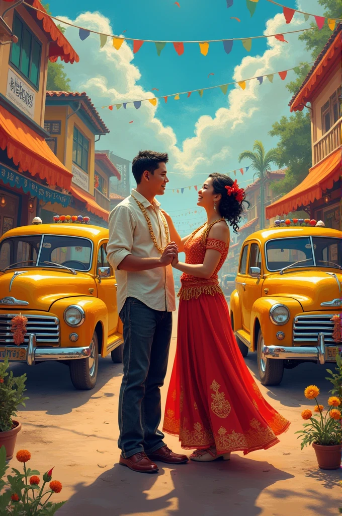 A picture of a man and woman singing and wearing a baro't saya,while in the background was culture of Philippines like festivals,jeeps with baybayin