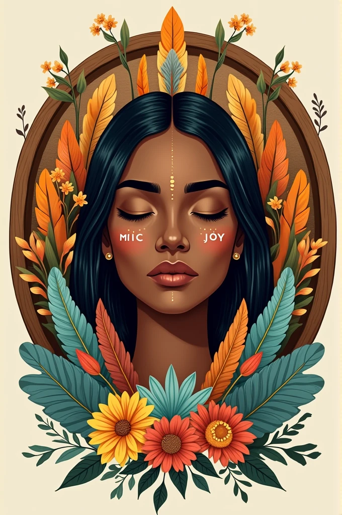 Illustration of the face of a dark-skinned Colombian indigenous woman with closed eyes facing forward with orange, yellow, aquamarine and ochre feathers, surrounded by flowers, succulents and vines in a wooden circle with the name MÂCÂJĒY 