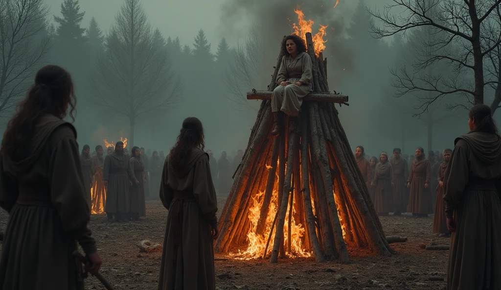 A woman is being burnt sitting on a pyre made of wood. Make such a real image.