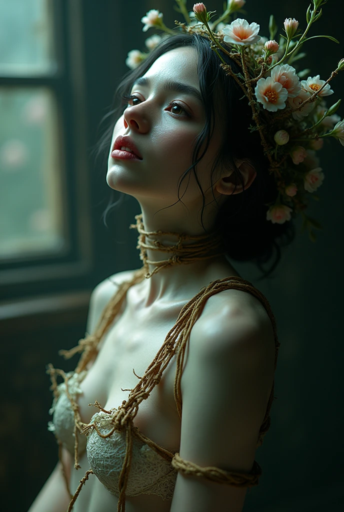 A girl in a twisted, dark fantasy scene, delicate flower buds sprouting from her skin, intricate rope bondage restraining her, beautiful detailed eyes, beautiful detailed lips, extremely detailed face, long eyelashes, dreamlike, dramatic lighting, cinematic composition, moody color palette, dark romantic, (best quality,8k,highres,masterpiece:1.2),ultra-detailed,(realistic,photorealistic,photo-realistic:1.37),dark fantasy,surreal,conceptual