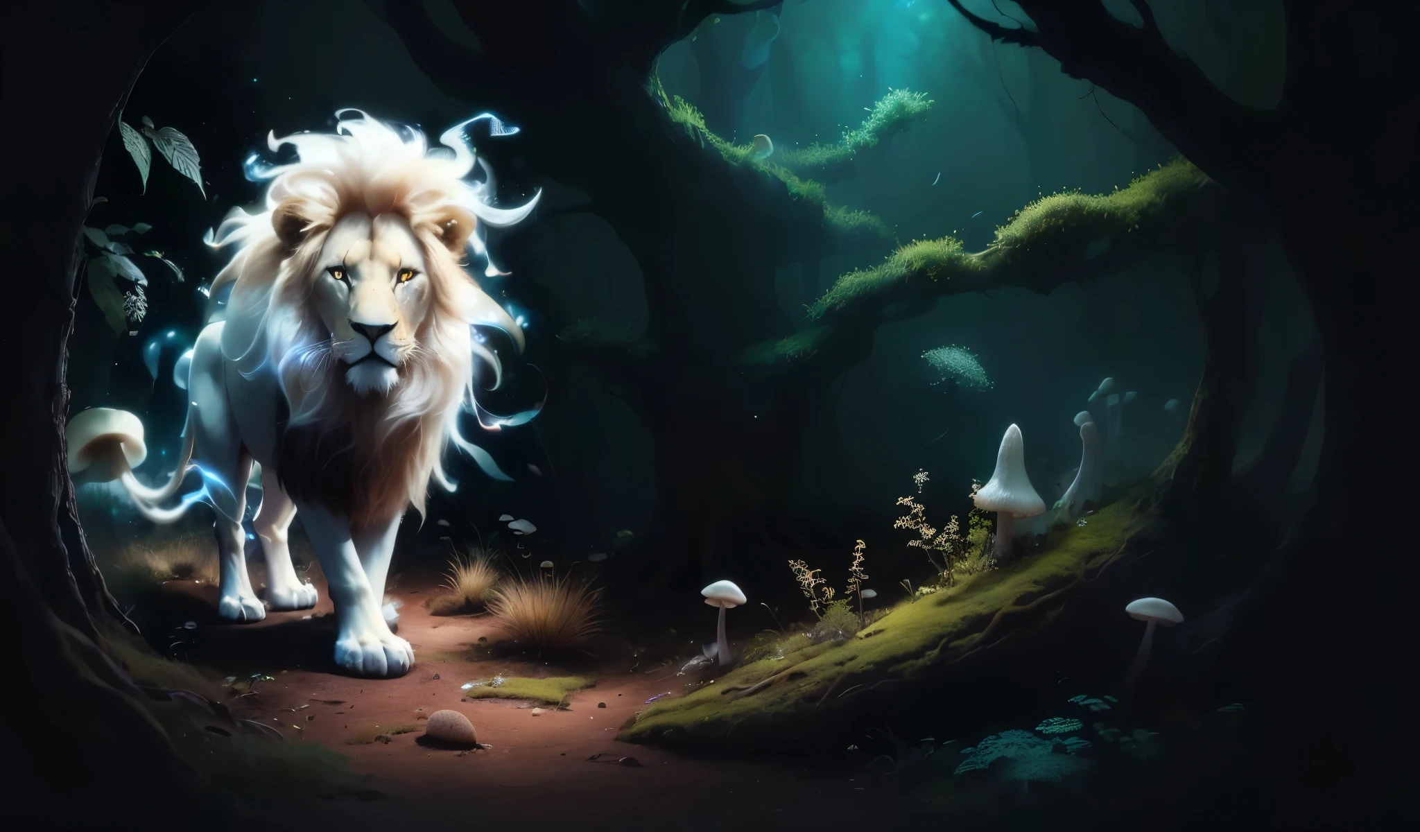 image expansion, with small albino mushrooms sprouting from the ground, mushroom forest, various mushrooms and light tones, sheen, magie, high qualiy, beautiful, more mushrooms on the ground, many mushrooms, large mushrooms. add more happiness to the lion.