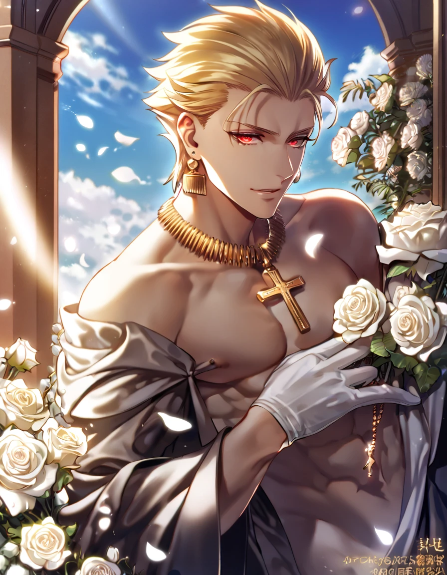 absurdres, highres, ultra detailed, HDR, master piece, best quality, Gilgamesh, blonde hair, slicked up hair, ruffled hair, expressive red eyes, Fate Stay Night, solo, sexy man, handsome, horny, lewd, black priest robes, accessories, earrings, showing the chest, cross necklace, priest, white gloves, fantasy, magical, white roses, white petals, blue sky, church