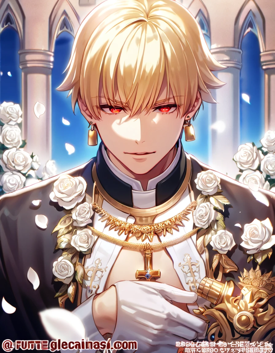 absurdres, highres, ultra detailed, HDR, master piece, best quality, Gilgamesh, blonde hair, slicked up hair, ruffled hair, expressive red eyes, Fate Stay Night, solo, sexy man, handsome, horny, lewd, black priest robes, accessories, earrings, showing the chest, cross necklace, priest, white gloves, fantasy, magical, white roses, white petals, blue sky, church