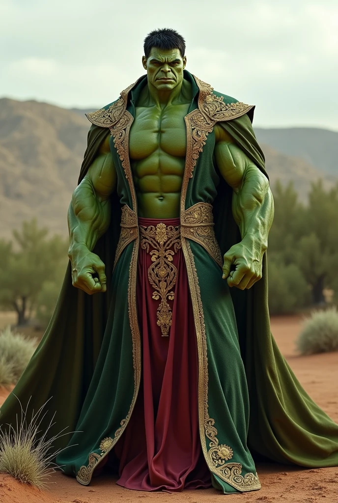 Create an image of Red hulk wearing a traditional Muslim suit. The suit should be a blend of classic hulk and the elegant, flowing style of traditional Muslim attire. Ensure the color palette combines the classic green and gold of Hulk's suit with the rich, deep colors often seen in Muslim garments. With Palestine in background"