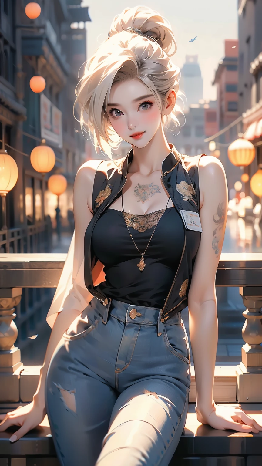 Android 18 from Dragon Ball，Colorful gradient short hair half covering the face，Exquisite facial features，Perfect face shape，Anime style face，Smile，Printed vest，Overalls，Fashion，Large Breasts：1.4，City background，Full body tattoo，Beautiful tattoos：1.4 , masterpiece, best quality, Extremely detailed,Black high ponytail: 1.5, Long legs, Smooth legs without any wrinkles。 dress, Slim waist, Thin waist: 1.7,Ultra-realistic 8k CG, masterpiece, ((Ultra detailed background, Exquisite pattern, Intricate details)), (Very detailed, Fine details), best quality, The goddess of one-stroke