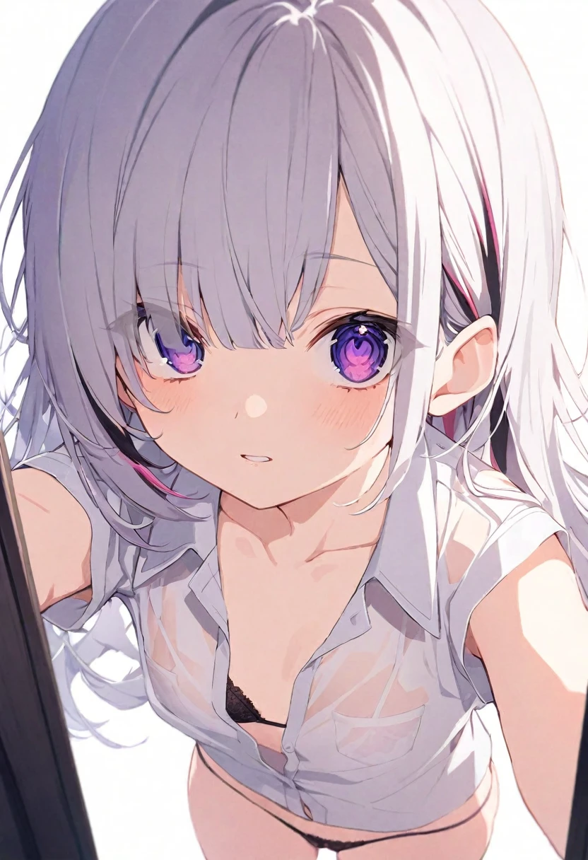 (muste piece), (best quality), (score_9, score_8_up, score_7_up), very detailed eyes, expressive eyes, perfect face, very detailed face, highly detailed face, beautiful girl, 8K, beautiful girl, (white background), delicate and beautiful face and eyes, dark intense shadow, Ultra-high resolution, Movie Lighting, (Fuji Color: 1.2) portrait,
1 girl, vtuber style, cool girl, hololive, vtuber,  amane kanata, multicolored hair, grey hair, purple eyes, sharp eyes, see-through:shirt, Unbuttoned shirt, bra, thong, close one eye, look up, small chest, cleavage, messy hair, cameltoe, clavicle, body visible through clothes, chest visible through clothes, ass visible through thighs, (full body), stand in front of mirror, Selfie, 