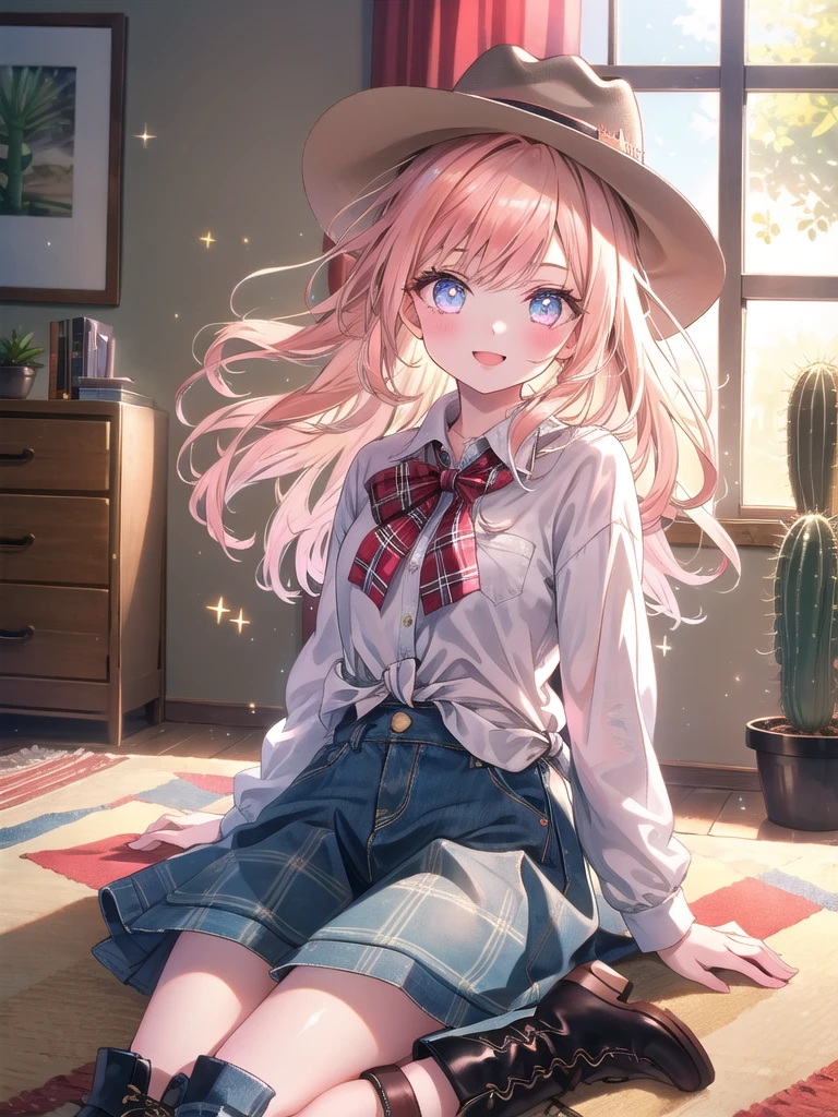 ((8k, Highest quality, masterpiece: 1.3)),Ultra-high resolution,(1 girl, alone), (Color changing eyes, Ultra-detailed, Expressive brilliance, Glitter, Glowing Eyes), Highly detailed eyes, Highly detailed face, Random Hair, ((pastel colour)),A joyful young woman with pastel peach-colored hair styled into soft waves, sitting on the floor of her sunlit bedroom during a bright morning. She is dressed in a cute yet subtly sexy cowgirl cosplay, wearing a denim skirt, a tied-up plaid shirt, and a pair of cowboy boots. The camera captures her from a slightly low angle as she playfully tips her cowboy hat with a bright smile, her expression full of energy and fun. The room is filled with natural sunlight, with a small cactus plant, a cowhide rug, and a rustic, western-themed atmosphere.