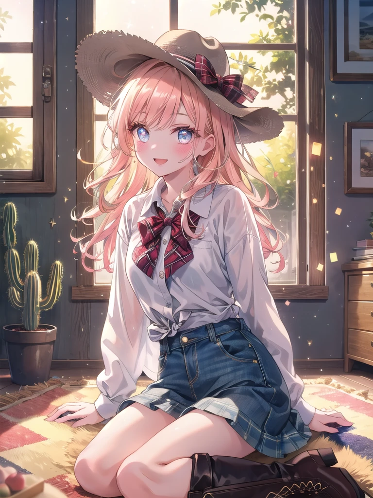 ((8k, Highest quality, masterpiece: 1.3)),Ultra-high resolution,(1 girl, alone), (Color changing eyes, Ultra-detailed, Expressive brilliance, Glitter, Glowing Eyes), Highly detailed eyes, Highly detailed face, Random Hair, ((pastel colour)),A joyful young woman with pastel peach-colored hair styled into soft waves, sitting on the floor of her sunlit bedroom during a bright morning. She is dressed in a cute yet subtly sexy cowgirl cosplay, wearing a denim skirt, a tied-up plaid shirt, and a pair of cowboy boots. The camera captures her from a slightly low angle as she playfully tips her cowboy hat with a bright smile, her expression full of energy and fun. The room is filled with natural sunlight, with a small cactus plant, a cowhide rug, and a rustic, western-themed atmosphere.
