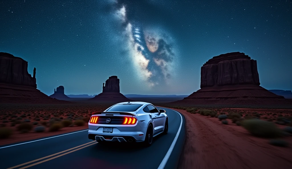 A white 2015 Ford Mustang drives down a winding, moonlit road through Monument Valley at night. The back of the car is prominently visible, perfectly centered in the image, with its taillights glowing faintly. In the distance, the iconic rock formations of Monument Valley rise majestically against the horizon. Above, the stunning spiral of the Milky Way arcs across the night sky, casting a magical glow over the entire scene