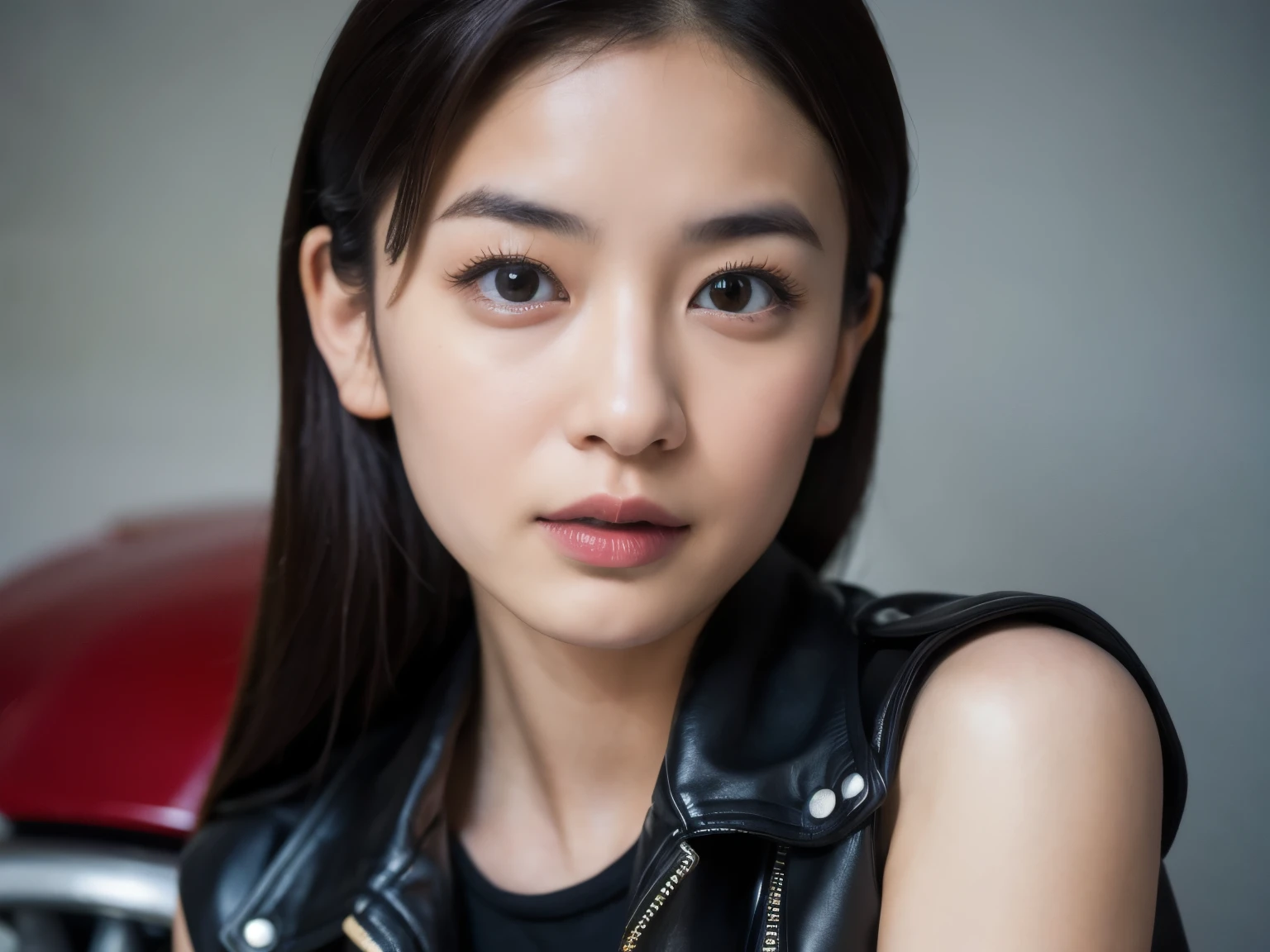 You are a professional photographer。masterpiece、８K、Highest quality, Soft Light, Ultra-high resolution, (Realistic:1.4), RAW Photos,24 years old Japanese, alone, cute, (pupil, Light in your eyes),  Beautiful face in every detail, (Small box),(High resolution detail of human skin texture),Cleavage
、American Garage、American motorcycle repair shop、Harley Biker、Wear a leather jumpsuit、Accurate background、（Get on a bike）、
、(Portraiture)