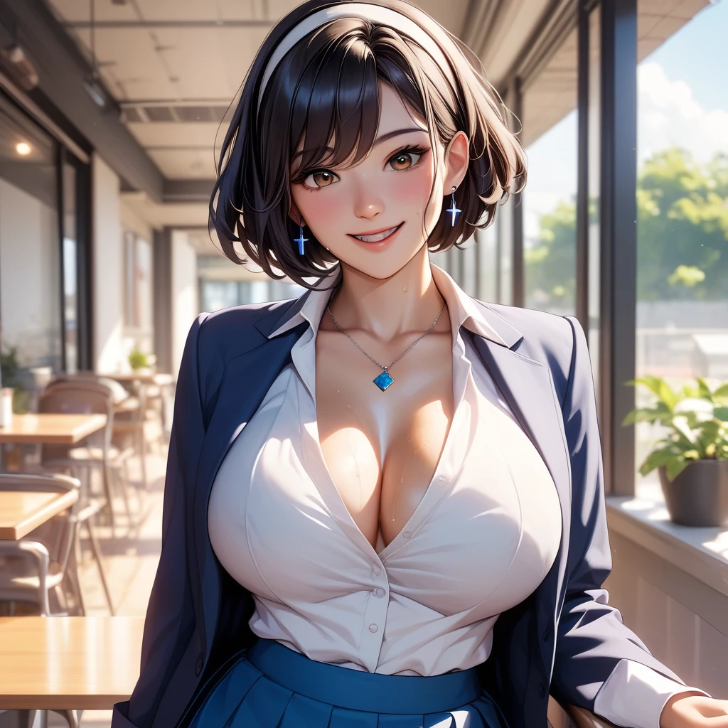 Perfect product、alone、Beauty、very cute、Black Hair, short hair、Brown eyes , White hair band、Large Breasts、(shame:1.5)、Blue jacket、White blouse、Headphones on neck、Blue pleated skirt、Earrings、necklace、A big smile、Cowboy Shot、Best Angle、(Cafe terrace seating:1.3)、reading、Excessive sweating all over the body、Masterpiece、Professional illustrations、Professional work、Professional Lighting、Detailed face、Detailed eyes。(nsfw:1.5)