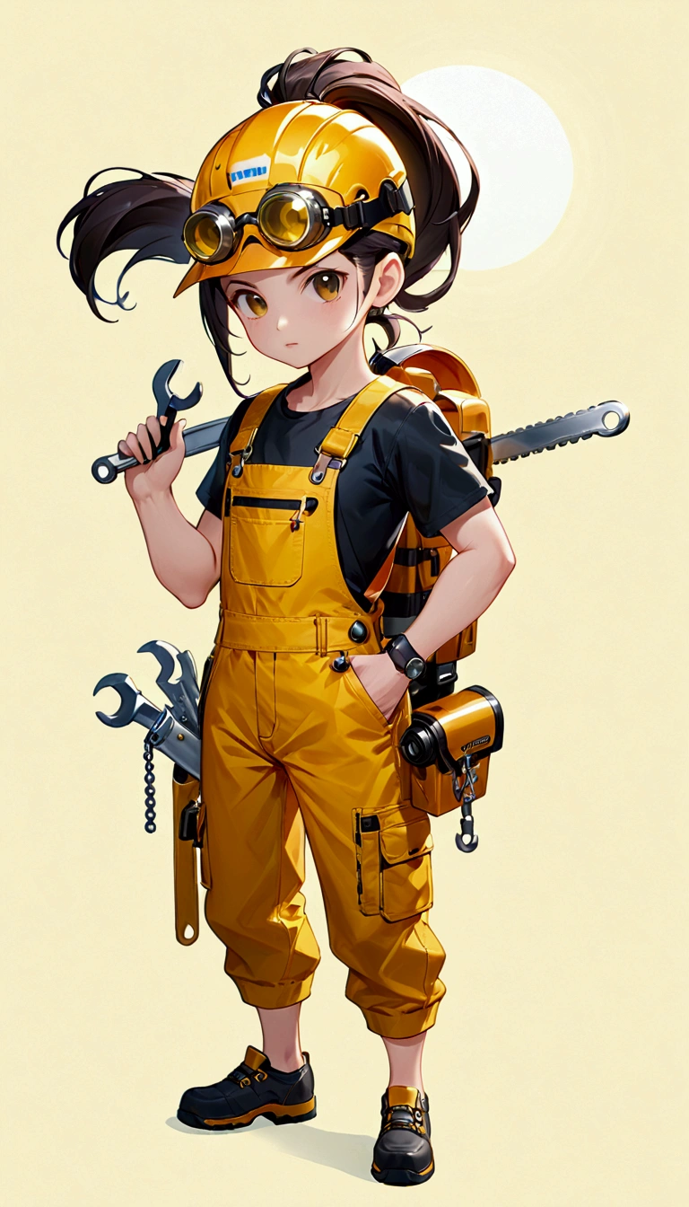 Highest quality、high resolution、High detail、Explorer、Slicked back ponytail hair、Cool Uncle、whole body、Mechanic、Drill、spanner、goggles、Unshaved hair