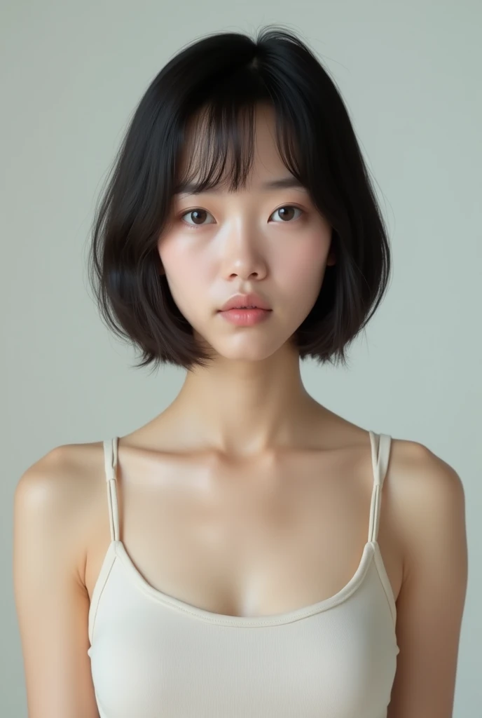 Japanese woman, 30 years old, bob haircut, streight face showing no emotion, looking into camera, tank top, no bra, standing streight, frontal view, highly detailed face, high resolution, no make-up, photorealistic