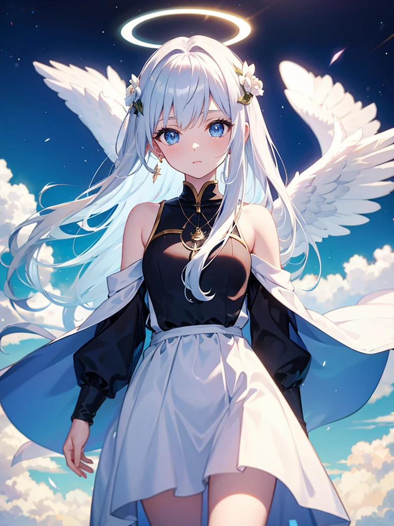 Anime, angel girl, 18 years old, pale skin, blue eyes, white hair, Halo over the head, modest white clothes