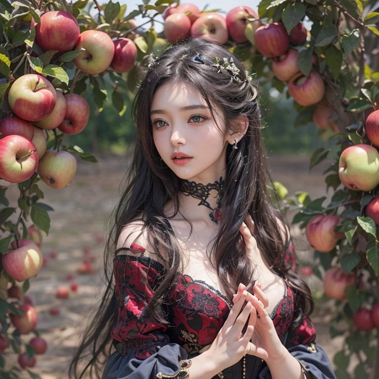 A woman holding an apple stands on top of a hill、Gothic Dress、1 person, Highest quality, masterpiece, Ultra-high resolution, (Realistic:1.4), RAW Photos, 1 person, Cinema Lighting,((Highest quality、masterpiece、8k、Best image quality、Ultra-high resolution、Award-winning works)、(Accurate anatomy:1.1)、Highly detailed face、Attention to detail、double eyelid、Sharp focus:1.2、Beautiful woman:1.4、Highest quality、masterpiece、Ultra-high resolution、(Realistic:1.4)、Highly detailed and professionally lit smiles、Serious expression、Two Arms, Complete Hそして, Beautiful body, Beautiful fingers, Normal finger, Five Fingers, Five Fingers, (Thumb Index Finger Ring Finger), Beautiful ears、 Normal ear, Beautiful Eyes, Shining Eyes, Beautiful mouth, Beautiful Lips,Many apples are falling