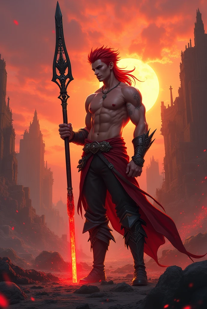 ((Masterpiece)) ((Ultra-detailed)) ((Fantasy)) An 19 years old boy, Red mullet hair, lean muscular figure, anime face, perfect muscle, shoulder, bicep, tricep, holding spear , lance , perfect art, Glowing red particle, at battlefield on sunset, demon back,ruined city, corpse