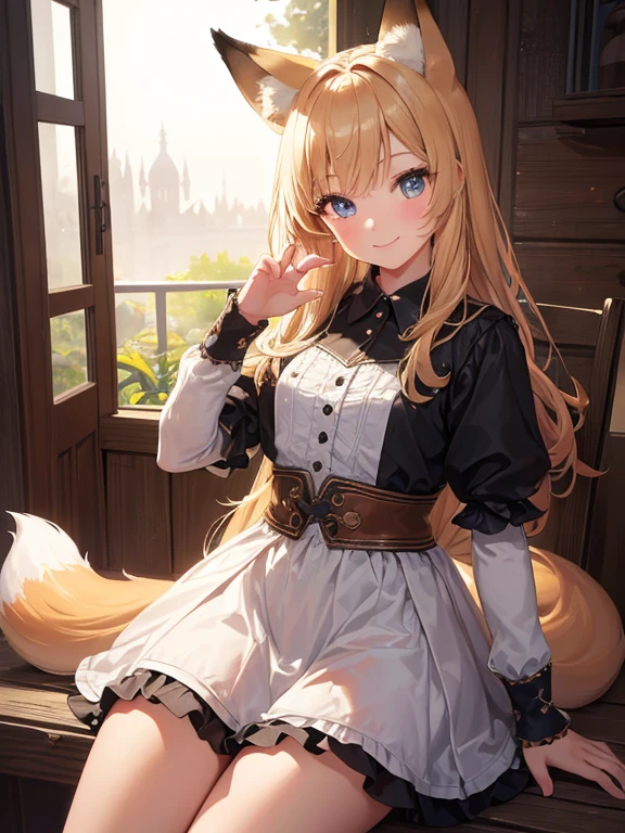 masterpiece, Highest quality, Very detailed, 16K, Ultra-high resolution, Cowboy Shot, 1 girl , Detailed face, smile, Perfect Fingers, Fox Ears, Fox&#39;s Tail,  Golden Eyes, blonde, Long Hair, kimono, (Red kimono:1.6), Japanese House, Japanese Garden, Pool, Gravel road, Sit on a bench