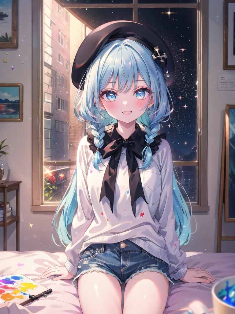 ((8k, Highest quality, masterpiece: 1.3)),Ultra-high resolution,(1 girl, alone), (Color changing eyes, Ultra-detailed, Expressive brilliance, Glitter, Glowing Eyes), Highly detailed eyes, Highly detailed face, Random Hair, ((pastel colour)),A lively young woman with pastel blue hair styled into twin braids, sitting cross-legged on her bed in her brightly lit bedroom during a sunny afternoon. She is dressed in a simple yet subtly sexy artist cosplay, wearing an oversized paint-splattered shirt, a pair of denim shorts, and a beret. The camera captures her from an overhead angle as she grins while holding a paintbrush, her expression full of creativity and joy. The room is filled with natural light, with a canvas on an easel, a palette of vibrant colors, and an inspiring, artistic atmosphere.



