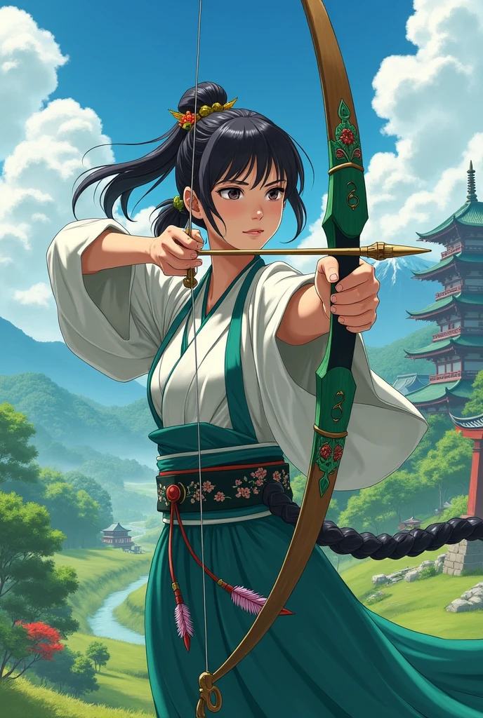 Sengoku period, female, Japanese, Green Arrow, anime, archery, kimono
