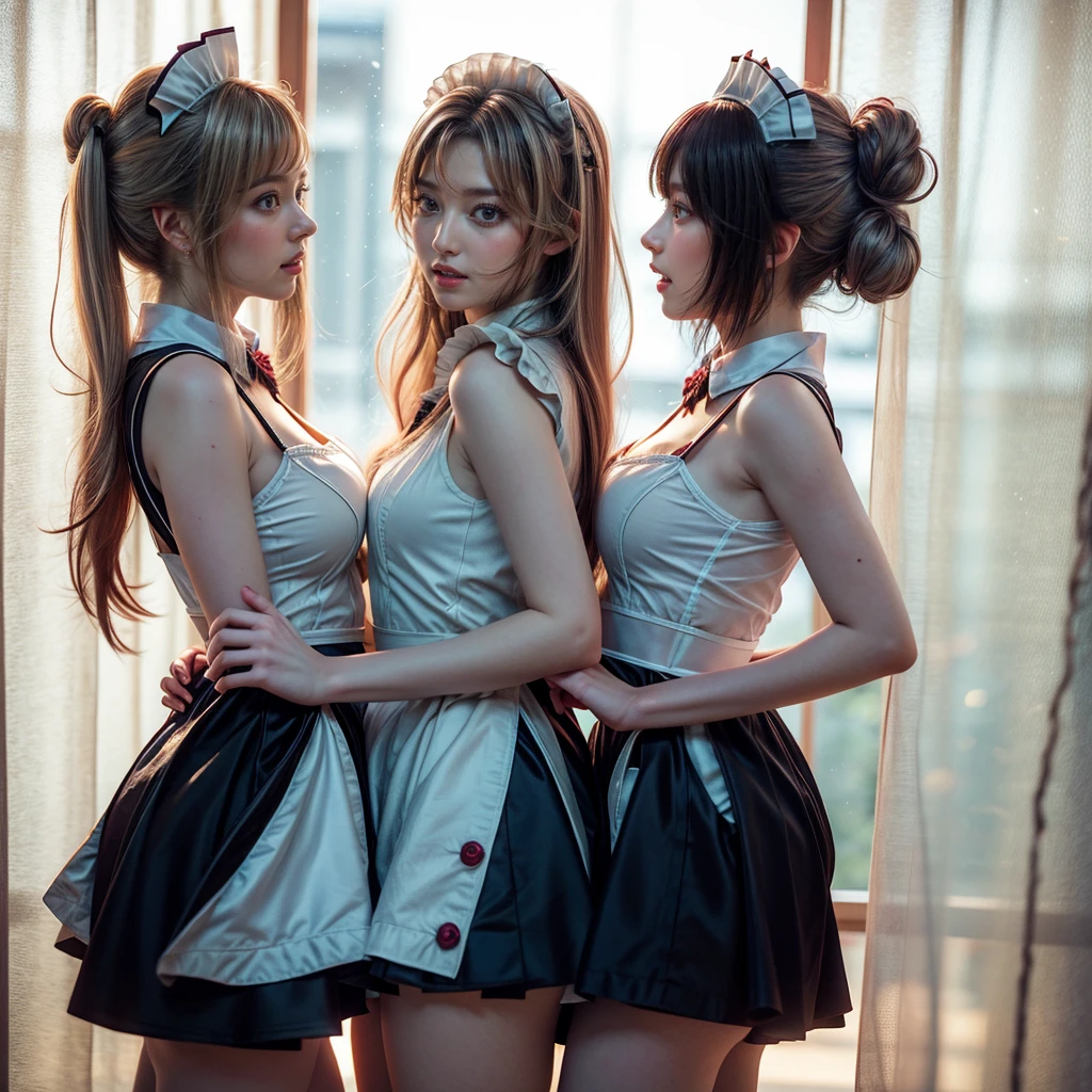 (Full Body of Extremely Detailed((Kawaii Maid Group in a row:1.37))), Childish perfect face, Reflective Eyes, Detailed(Delicate Clothing textures), Dynamic Joyful Expressions LifeLike Rendering, Specular Reflection, TopQuality 8K Ultra-detailed masterpiece (ProfessionalPhoto:1.37), (Acutance:0.8), (Luminism:1.28), (Renaissance art style), Colorful Light particles, ((Full body from side)), {MicroMini(SkirtLift)|Kissing|Breast Lifting|Undressing}, Radiant Fine Skin with Transparency, (Exposed:0.5), (Different types of Anime hair color:1.6), Perfect Lighting 