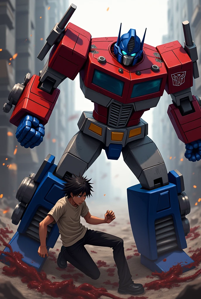 a highly detailed image of Optimus Prime, a giant robot from the Transformers franchise, in the process of brutally killing Kirito, a character from the Sword Art Online anime series, with blood and viscera visible, full body shot