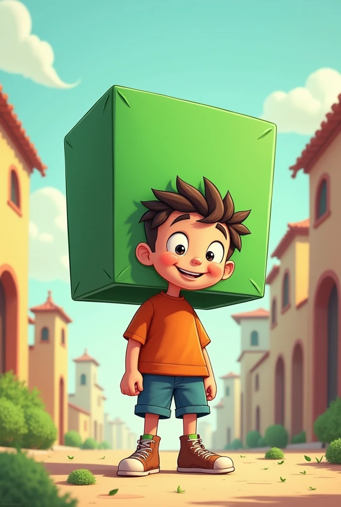 A cartoon character young boy is standing with a big green square box on his head 