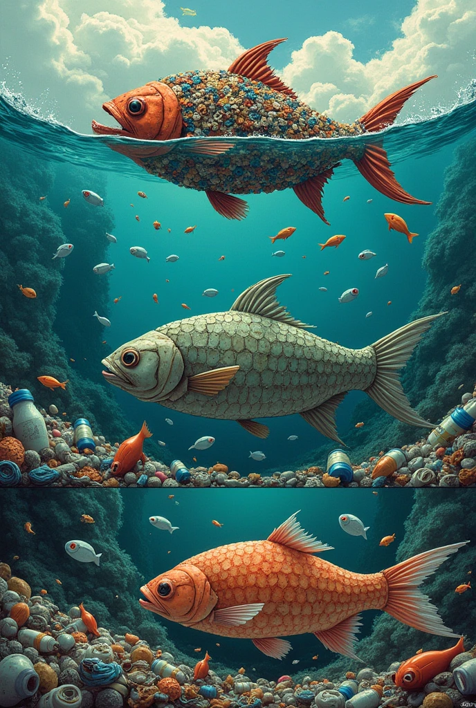 Create a collage in which the first image is an ocean full of fish contaminated by bottles and lots of plastic like bags. The next image has to be a single fish made of plastic being caught by someone.. The third image has to be this fish being cooked and ground up in a kitchen with lots of plastic and the last image a person eating plastic sushi. This has to be a 4-image comic-like layout