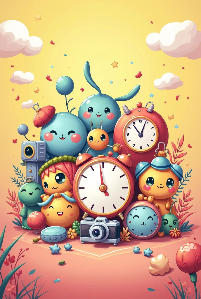 Create a banner size of 1200px x 270px。
Figures、clock、camera、A design where miscellaneous items are well arranged。
Anime-style expression。