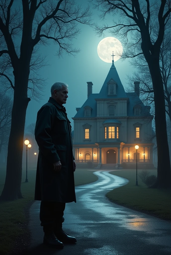 One 50 year old watchmen in front off old vintage mansion in night with moonlighting in front big roads with trees with yellow lights wide angle shot
